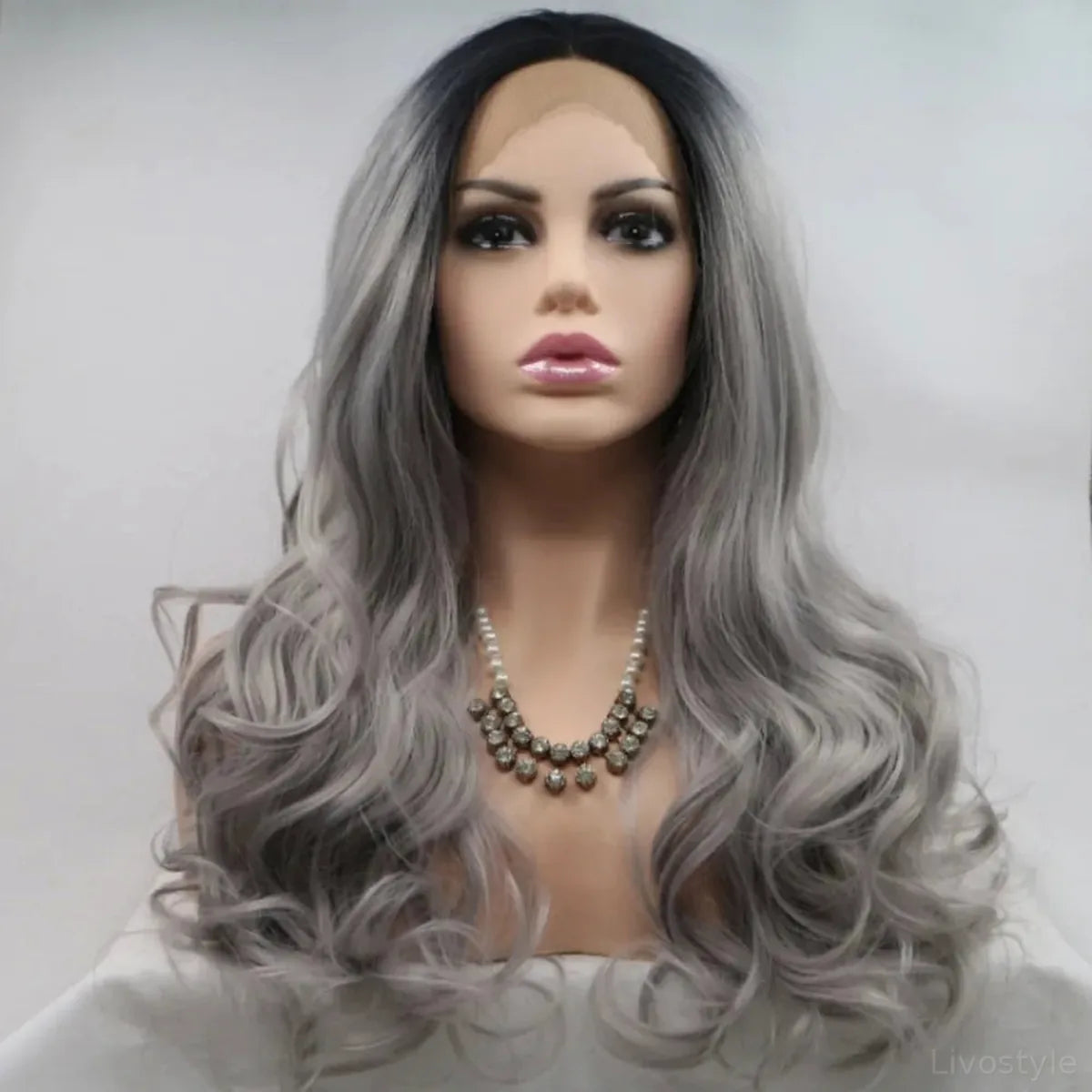 24 Lace Front Synthetic Wig in Grey Ombre, Long Wavy — square view — Livostyle