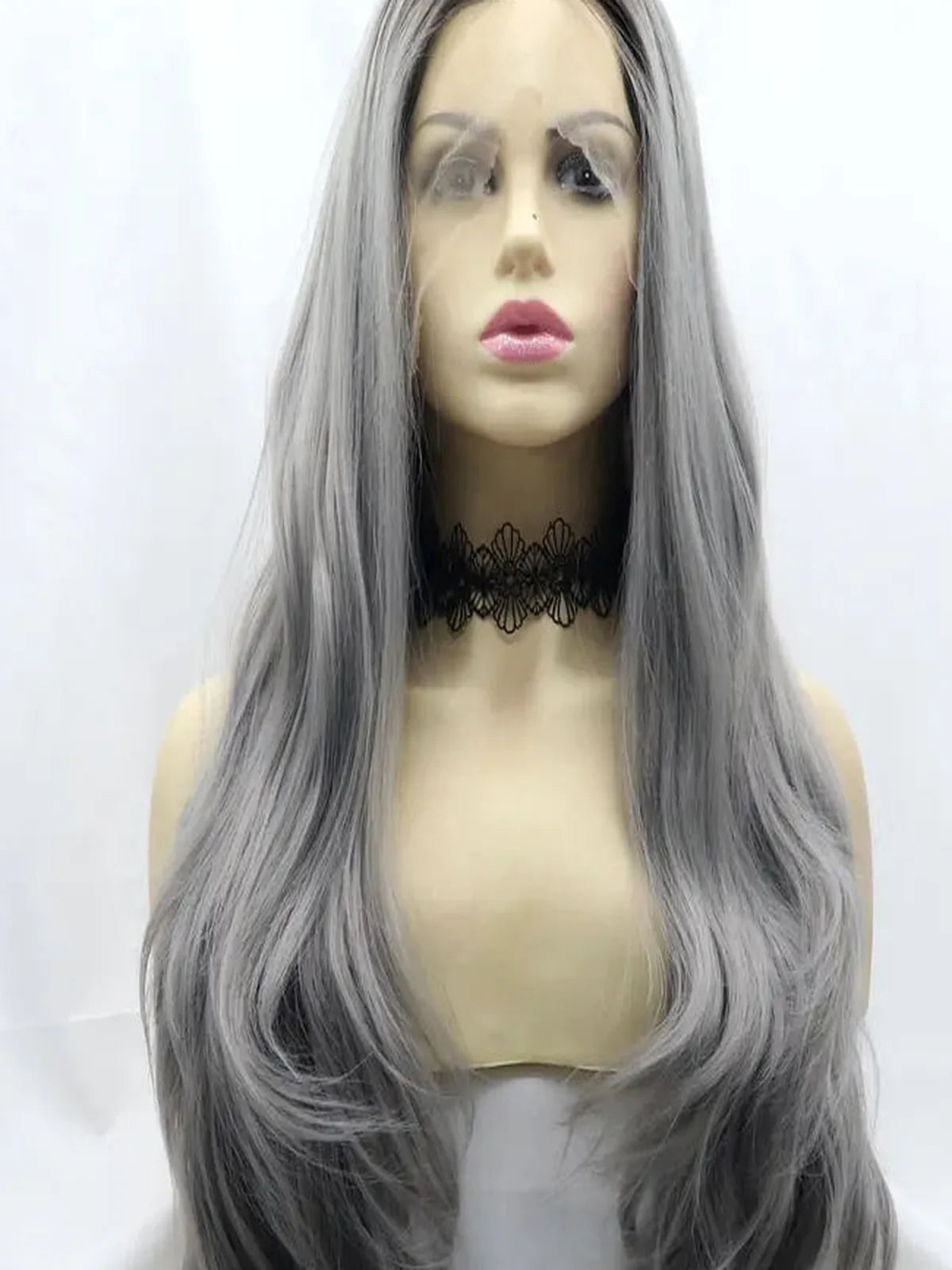 24 Lace Front Synthetic Wig in Gray, Long Wavy — detail view — Livostyle