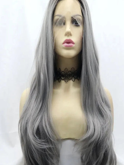 24 Lace Front Synthetic Wig in Gray, Long Wavy — detail view — Livostyle