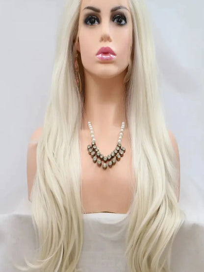 24 Lace Front Synthetic Wig in Platinum Blonde, Long Wavy — detail view — Livostyle