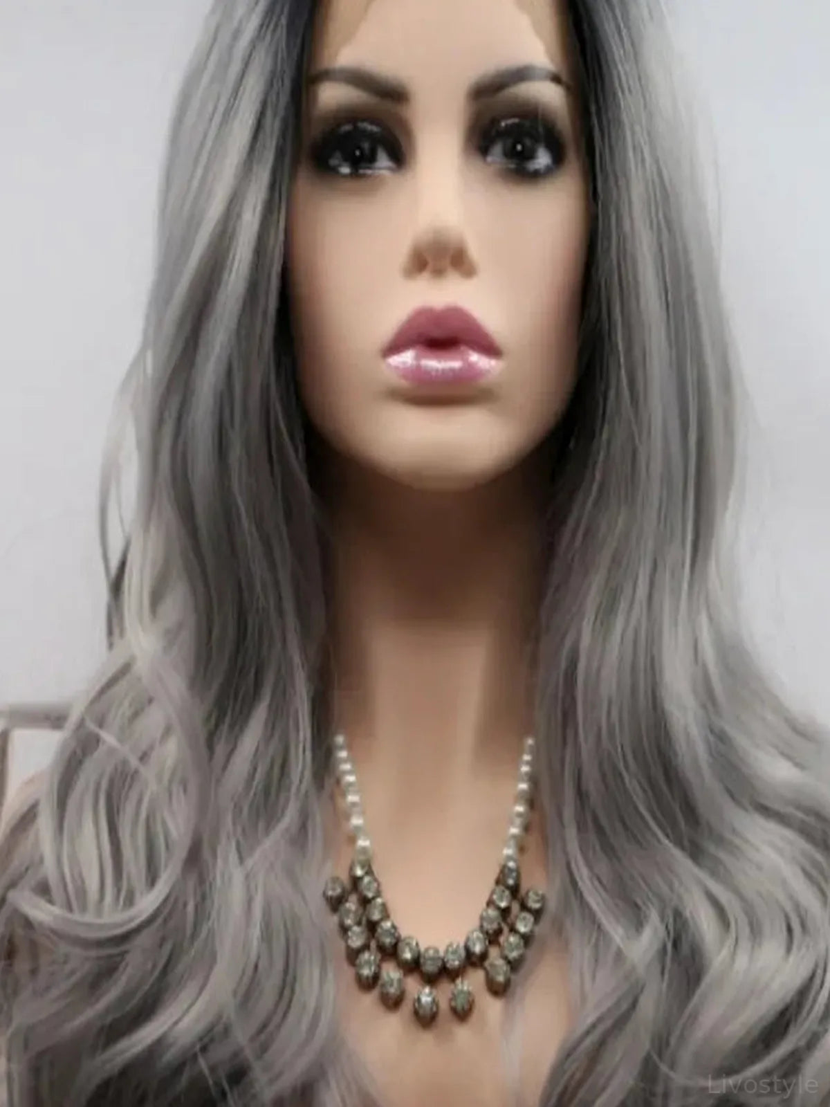 24 Lace Front Synthetic Wig in Grey Ombre, Long Wavy — detail view — Livostyle