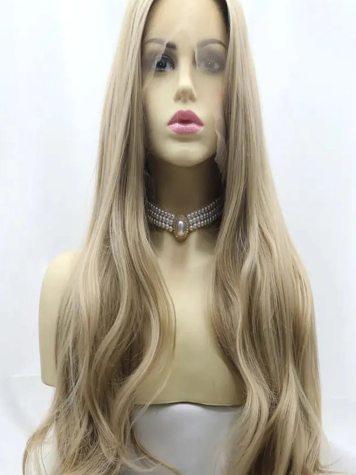 24 Lace Front Synthetic Wig in Ash Blonde, Long Wavy — detail view — Livostyle