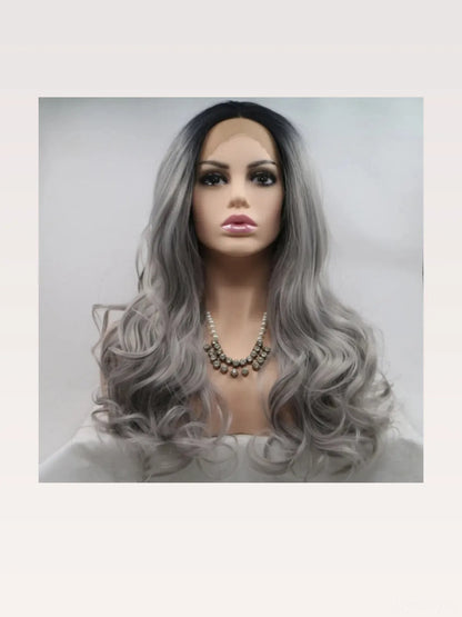 24 Lace Front Synthetic Wig in Grey Ombre, Long Wavy — styled showcase — Livostyle