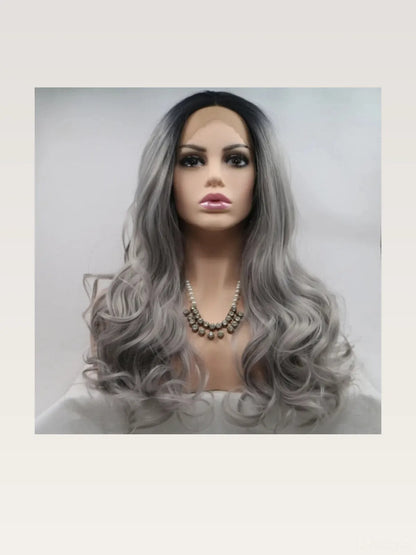 24 Lace Front Synthetic Wig in Grey Ombre, Long Wavy — styled showcase — Livostyle