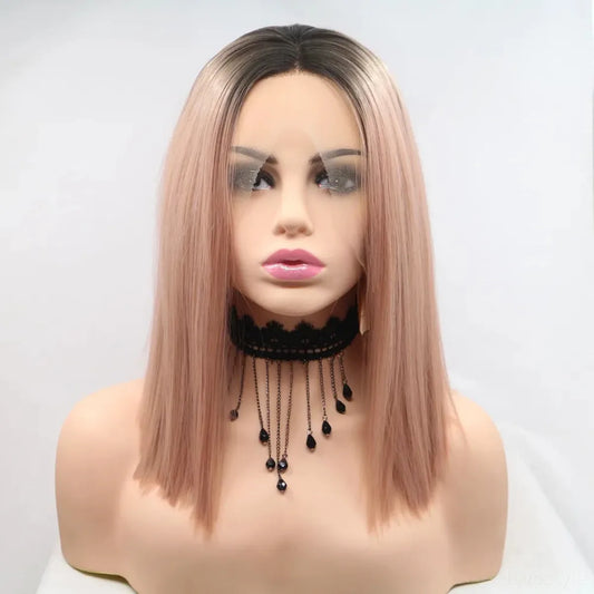 12 Lace Front Synthetic Wig in Pink with Black Roots, Mid-Le — square view — Livostyle