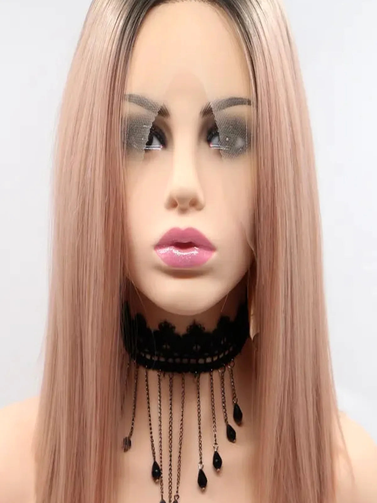 12 Lace Front Synthetic Wig in Pink with Black Roots, Mid-Le — detail view — Livostyle