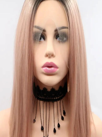 12 Lace Front Synthetic Wig in Pink with Black Roots, Mid-Le — detail view — Livostyle