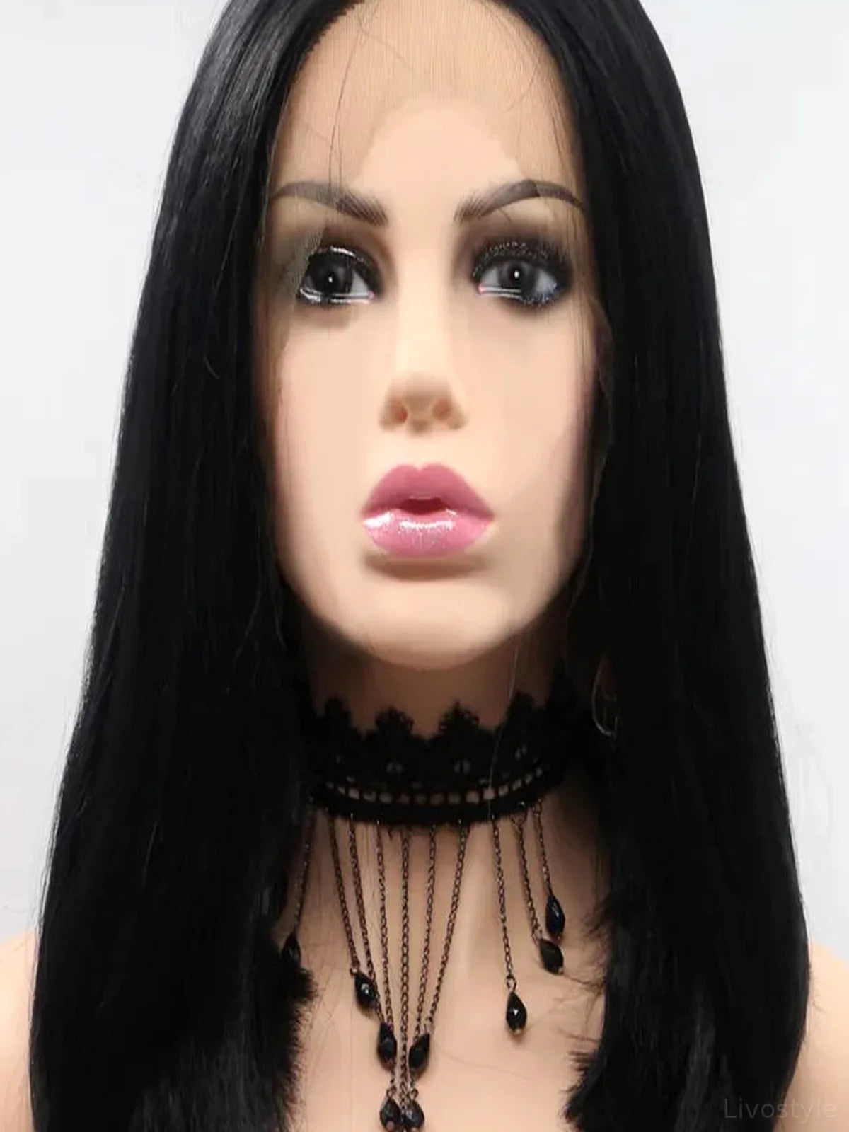 12 Lace Front Synthetic Wig in Black, Mid-Length Straight — detail view — Livostyle