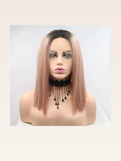 12 Lace Front Synthetic Wig in Pink with Black Roots, Mid-Le — styled showcase — Livostyle