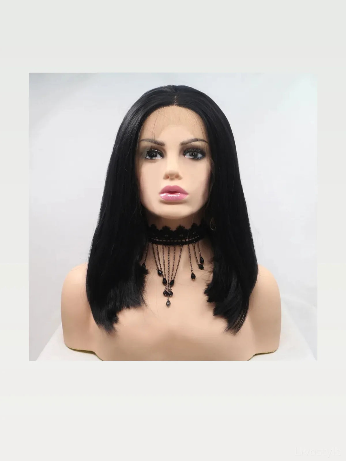 12 Lace Front Synthetic Wig in Black, Mid-Length Straight — styled showcase — Livostyle