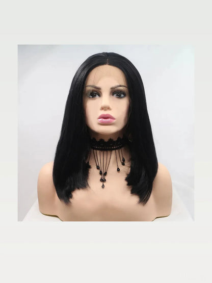 12 Lace Front Synthetic Wig in Black, Mid-Length Straight — styled showcase — Livostyle