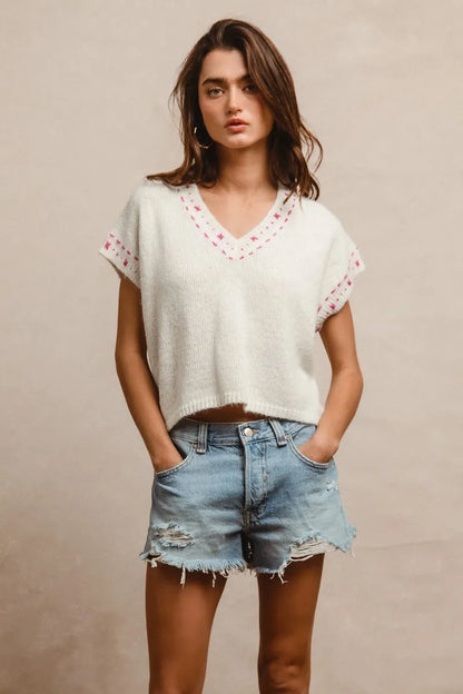 Stylish Contrast Stitch Short Sleeve Sweater — Livostyle