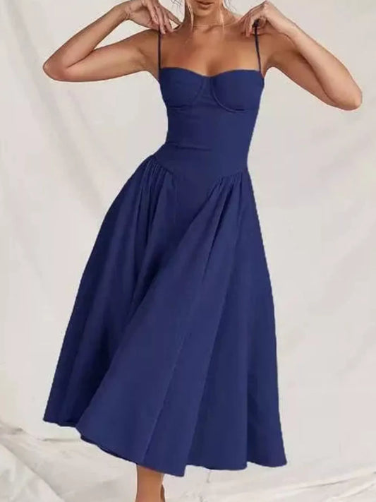 Sweetheart Neck Ruched Midi Dress in Navy Blue