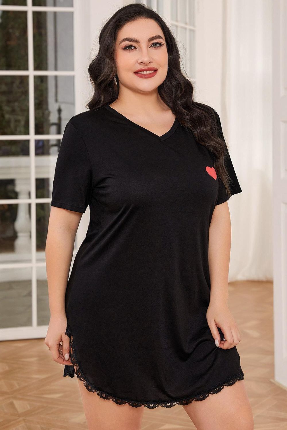 Lace Trim V-Neck Short Sleeve Night Dress — Livostyle