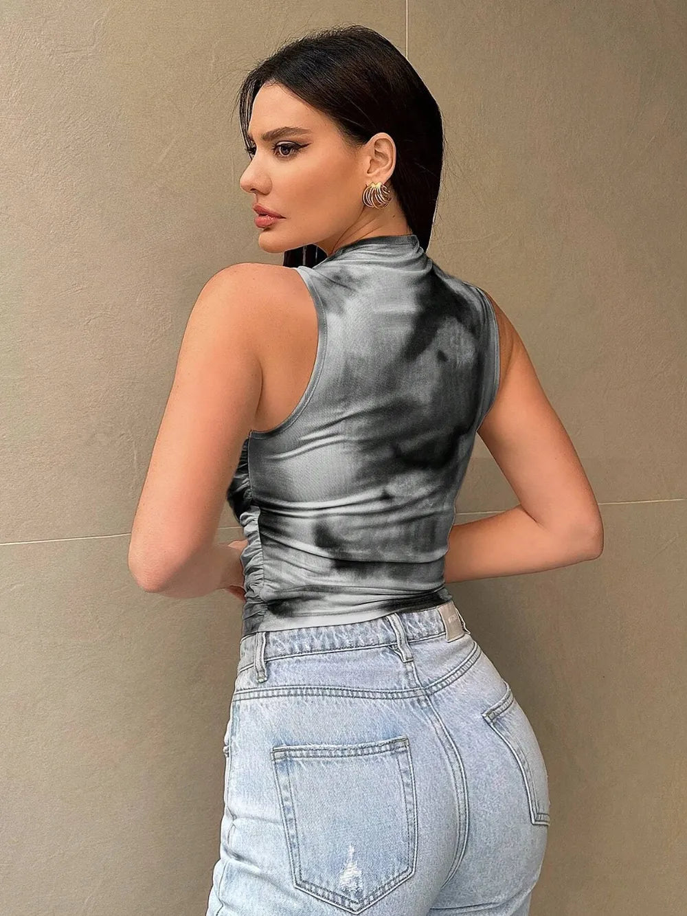 Printed Mock Neck Ruched Tank back view — Livostyle
