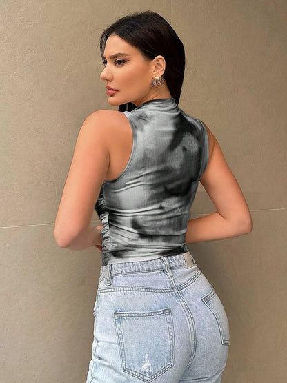 Printed Mock Neck Ruched Tank back view — Livostyle