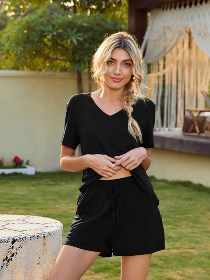 V-Neck Short Sleeve Top and Pocketed Shorts Lounge Set — Livostyle