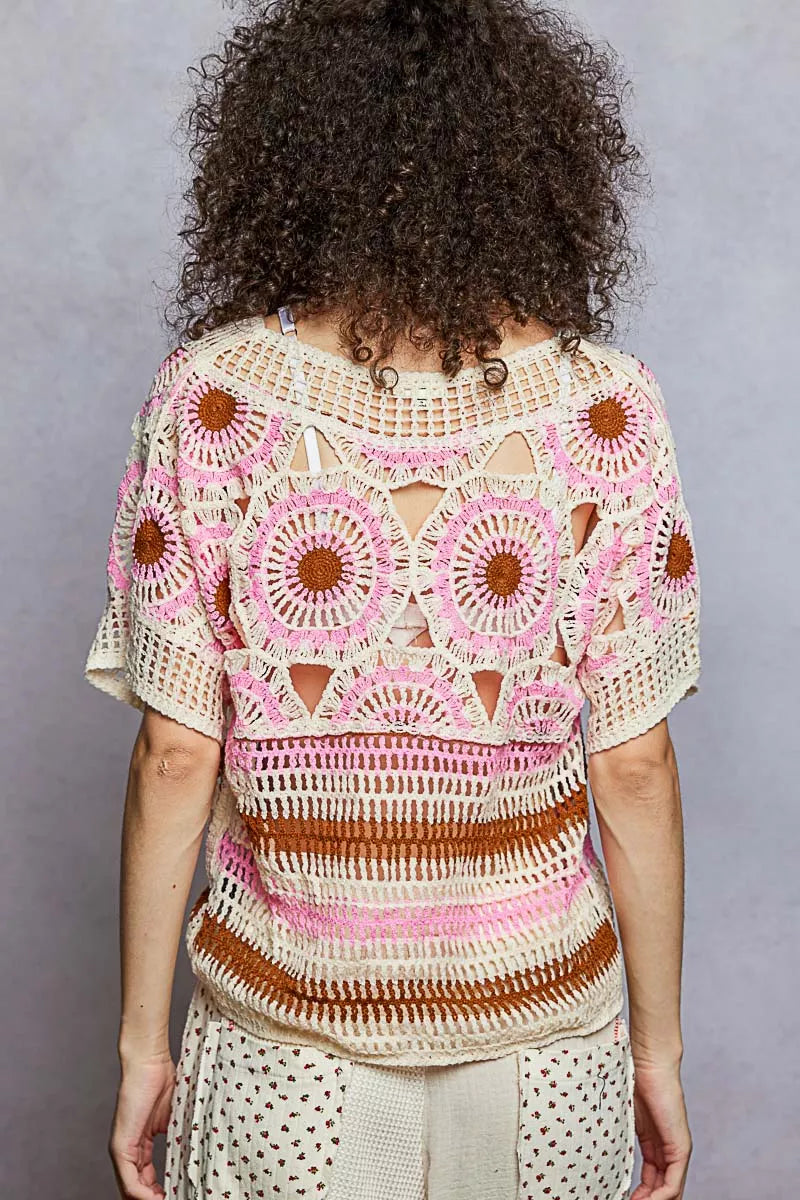 Weave Pattern Short Sleeve Crochet Top with Border Accents closeup — Livostyle