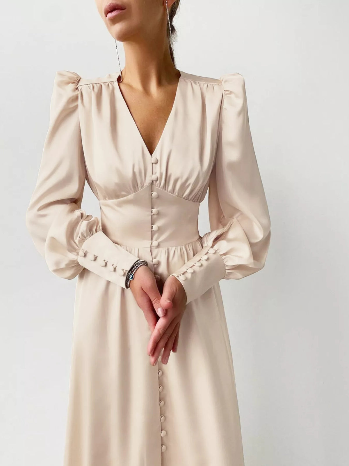 V-Neck Puff Sleeve Button-Down Midi Dress – photo 3
