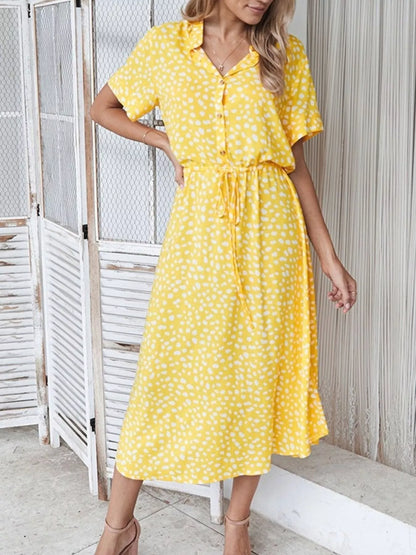 Animal Print Drawstring Waist Midi Dress in Yellow