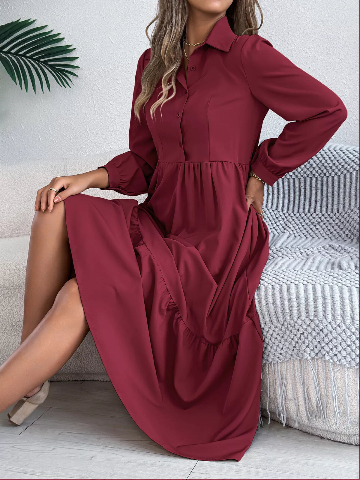 Long Sleeve Tiered Button-Front Midi Dress – photo 25