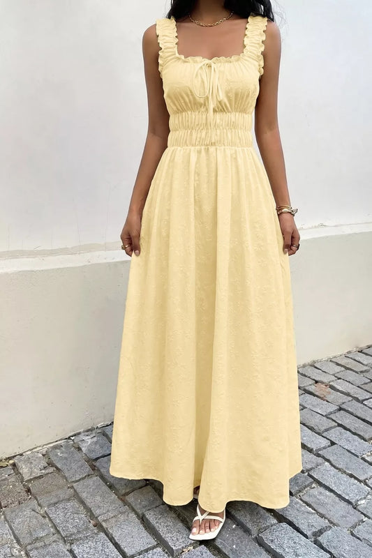 Square Neck Sleeveless Smocked Maxi Dress in Pastel Yellow