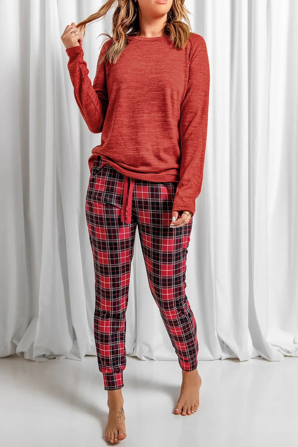 Round Neck Top and Drawstring Plaid Pants Lounge Set — Livostyle