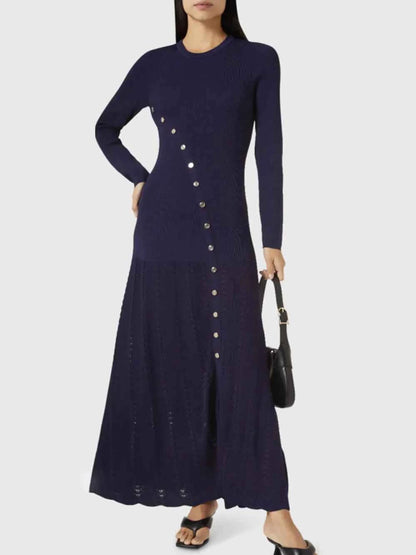 Openwork Round Neck Long Sleeve Sweater Dress — Livostyle