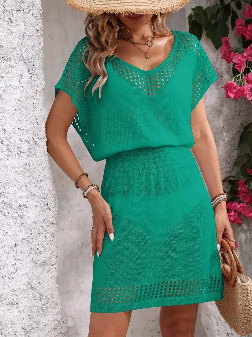 Openwork V-Neck Short Sleeve Cover-Up Dress