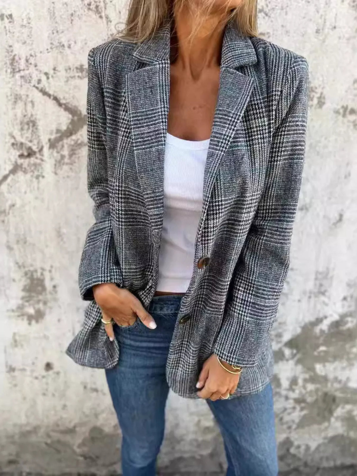 Full Size Plaid Single-Breasted Long Sleeve Blazer Plus Size — Livostyle