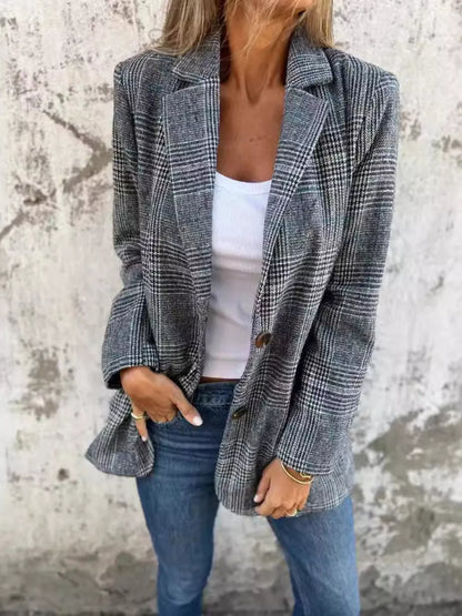 Full Size Plaid Single-Breasted Long Sleeve Blazer Plus Size — Livostyle