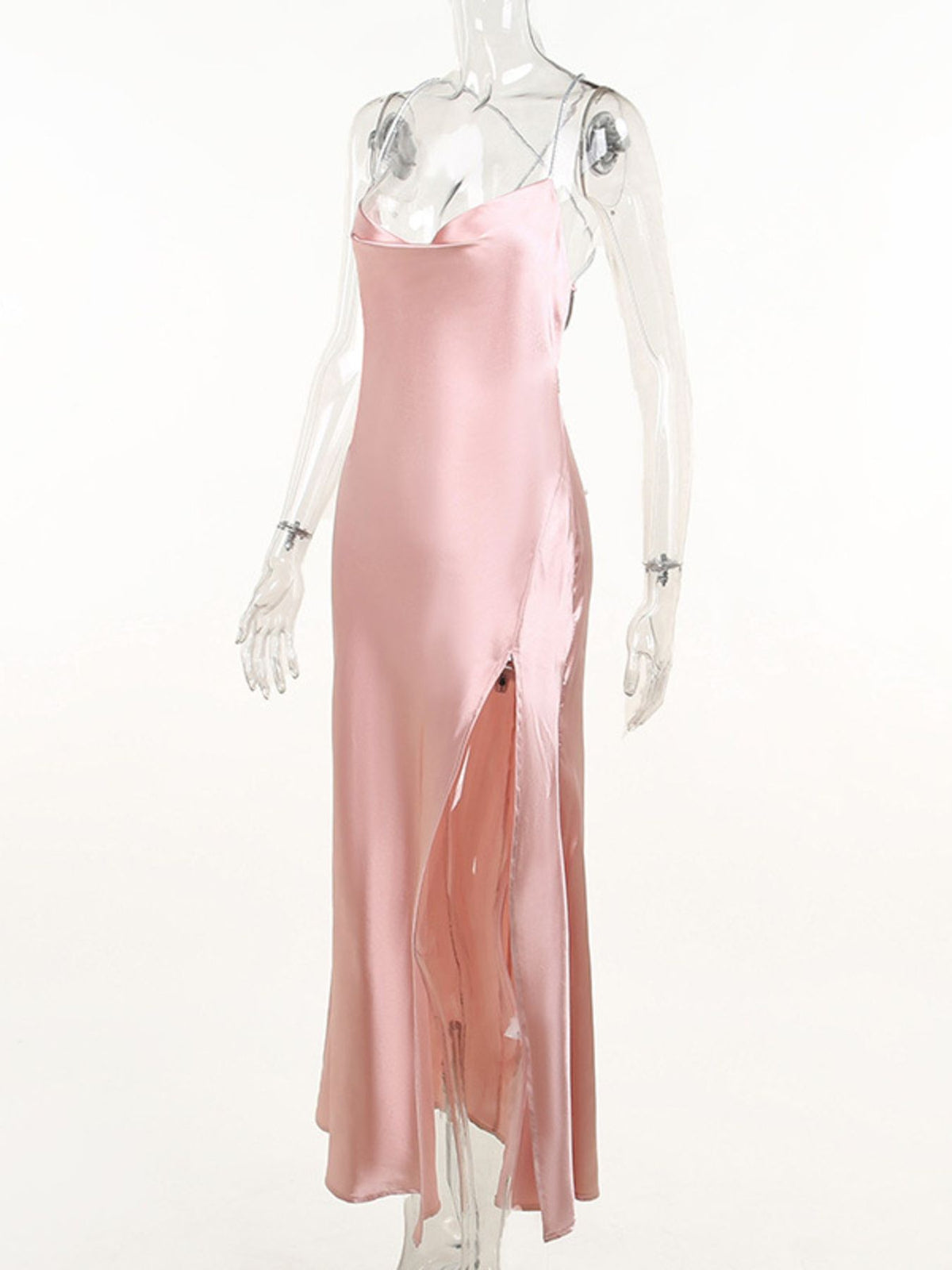 Slinky Satin Cowl Neck High-Slit Dress with Lace-Up Back – photo 9