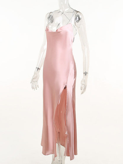 Slinky Satin Cowl Neck High-Slit Dress with Lace-Up Back – photo 9