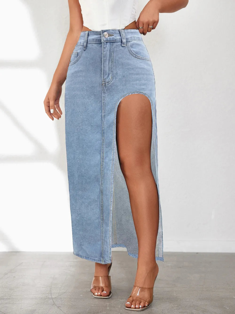 High Rise Slit Denim Skirt styling — Livostyle