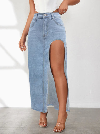 High Rise Slit Denim Skirt styling — Livostyle