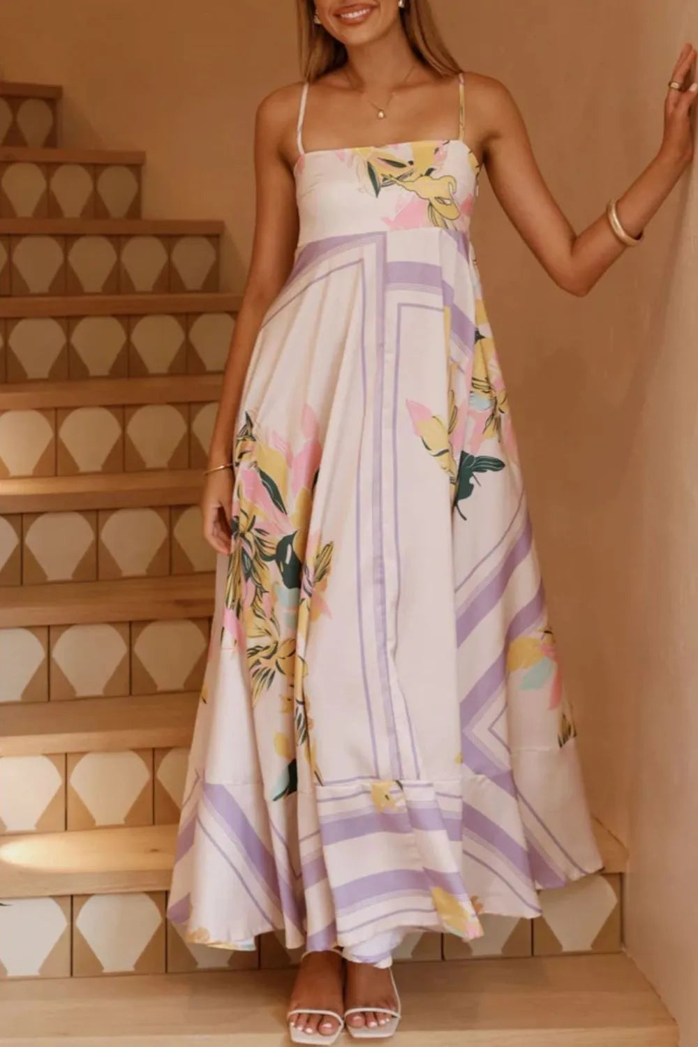 Printed Square Neck Cami Maxi Dress with Slit and Tie in Purple Stripes
