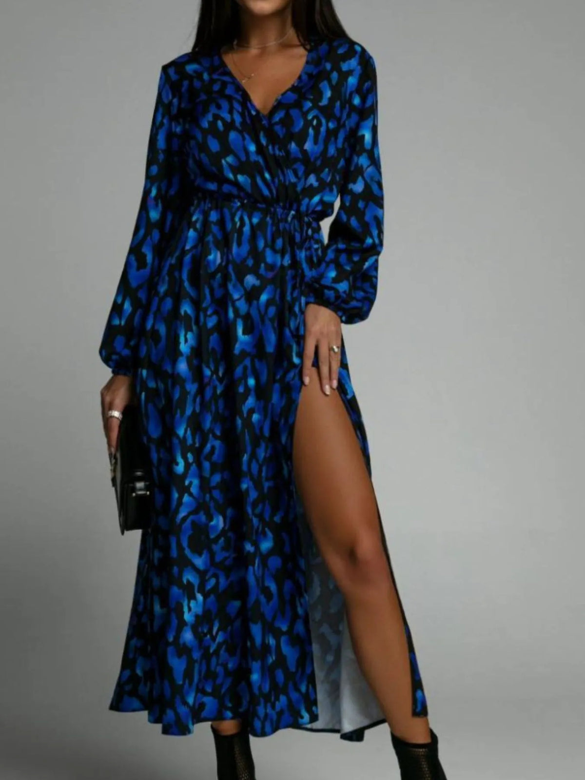 Printed Surplice Long Sleeve Midi Dress with Slit and Tie in Blue