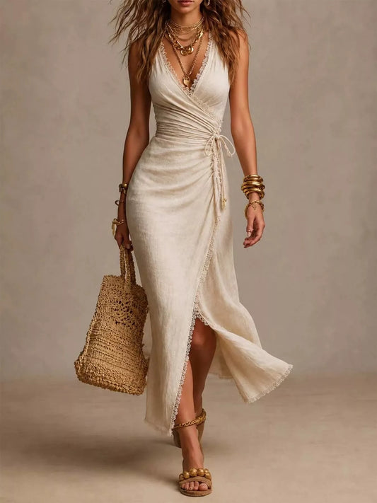 Lace-Trimmed Slit Wrap Midi Dress with Tie Waist in Beige