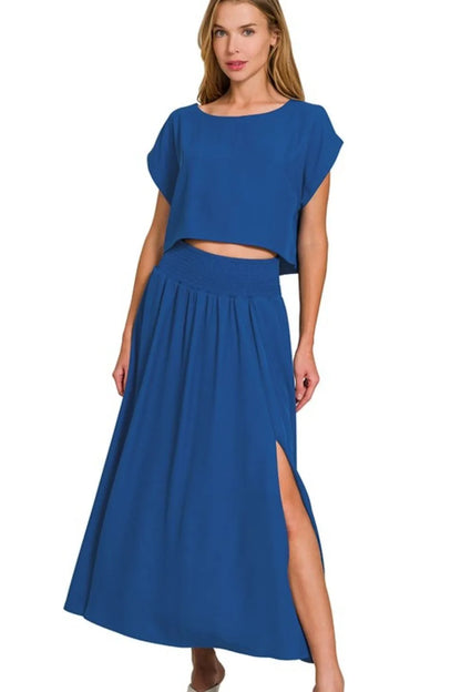 Heavy Woven Span Crop Tee & Skirt Set in LT NAVY