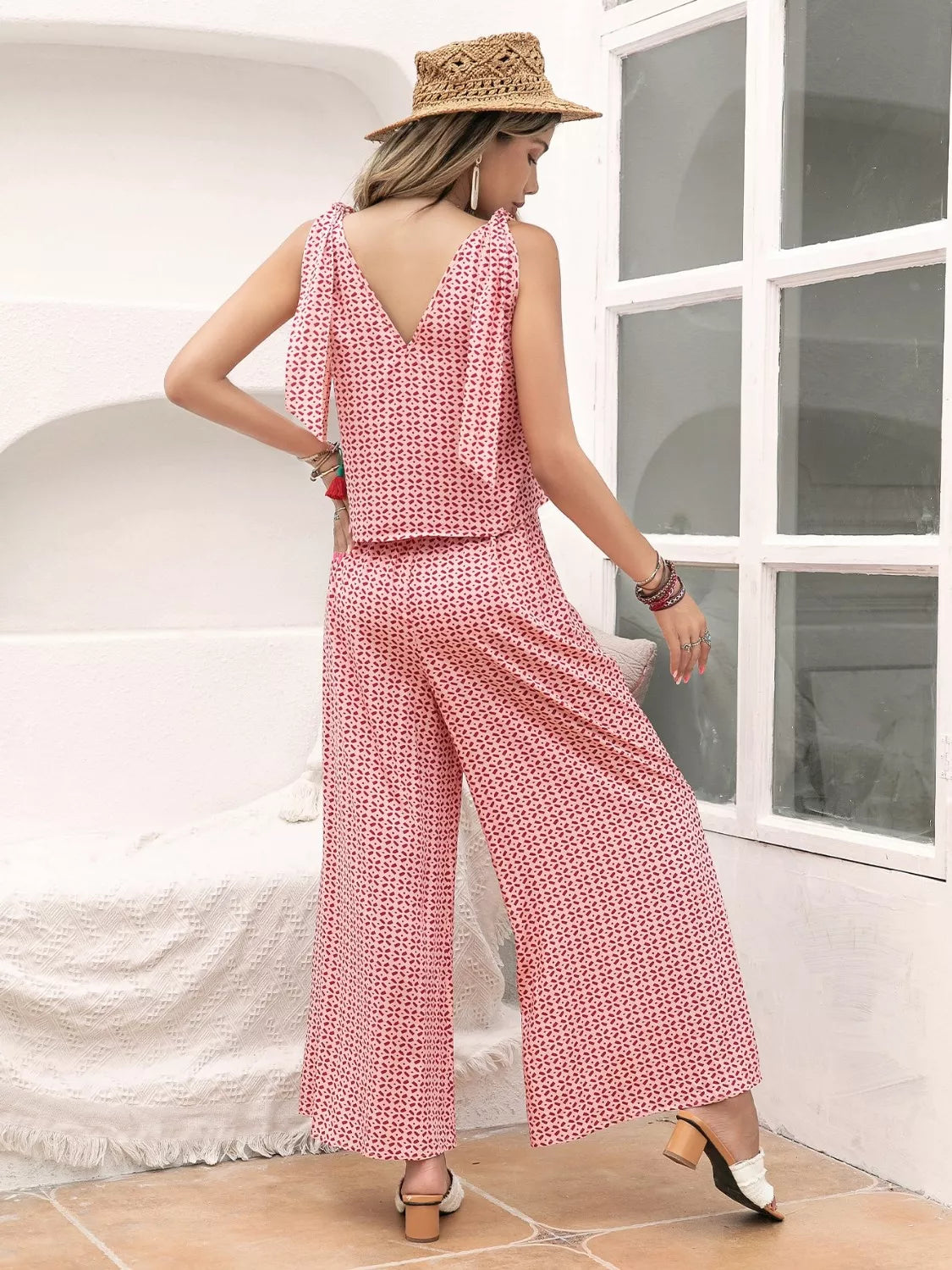 Gingham Tie Shoulder Top and Pants Set back view — Livostyle