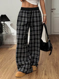 Plaid Wide-Leg Pants with Elastic Waistband — Livostyle