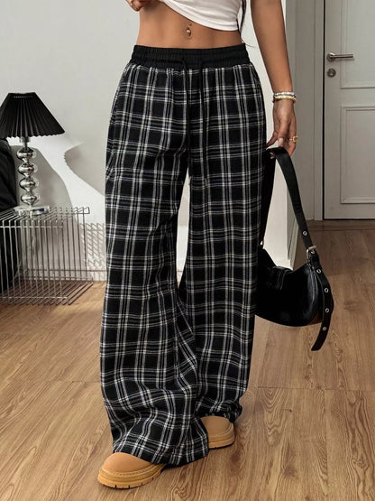 Plaid Wide-Leg Pants with Elastic Waistband — Livostyle