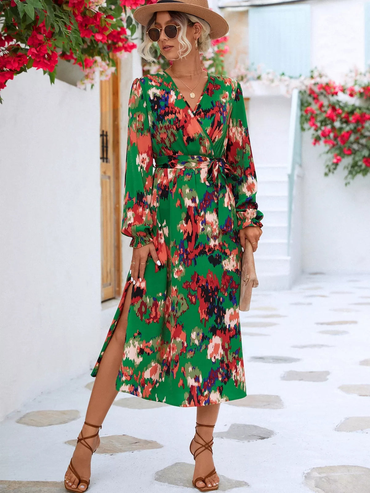 Printed Belted Surplice Long Sleeve Midi Dress with Slit