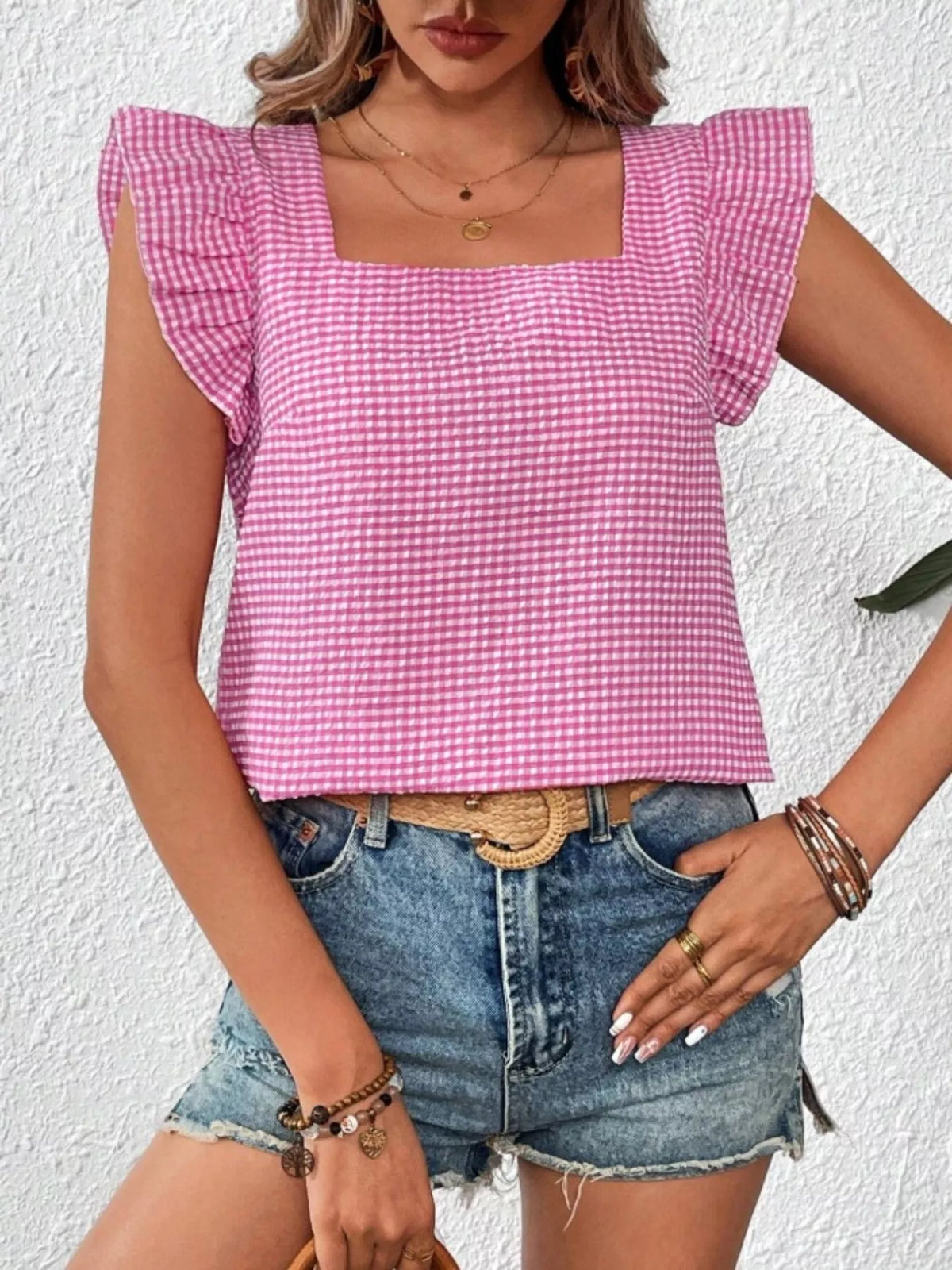 Gingham Ruffle Sleeve Square Neck Blouse – photo 5