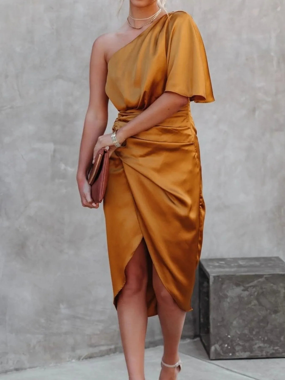 One-Shoulder Satin Wrap Dress with Side Slit – photo 6