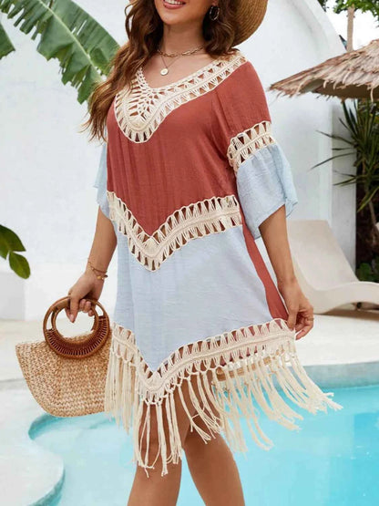 Backless Tassel Hem V-Neck Cover-Up