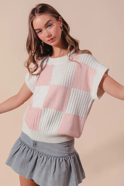 Check Plaid Oversized Sweater with Ribbed Cuffs and Hem in Dusty Pink/Ivory