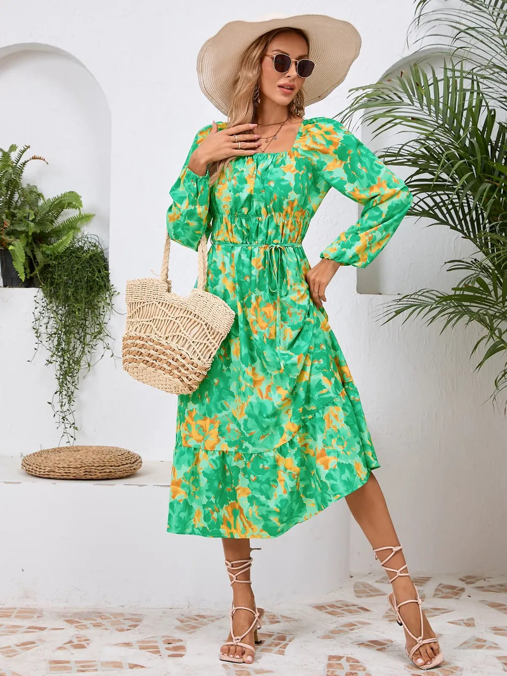 Printed Long Sleeve Midi Dress with Tie Detail in Green