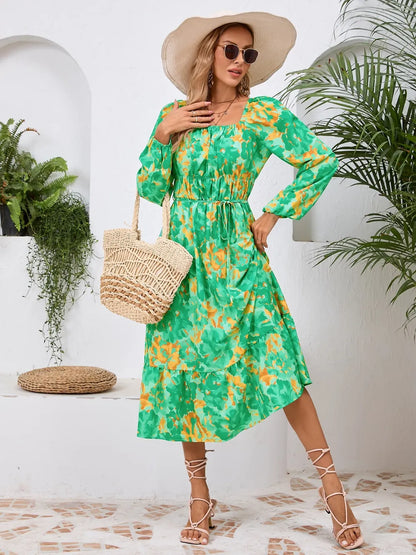 Printed Long Sleeve Midi Dress with Tie Detail in Green