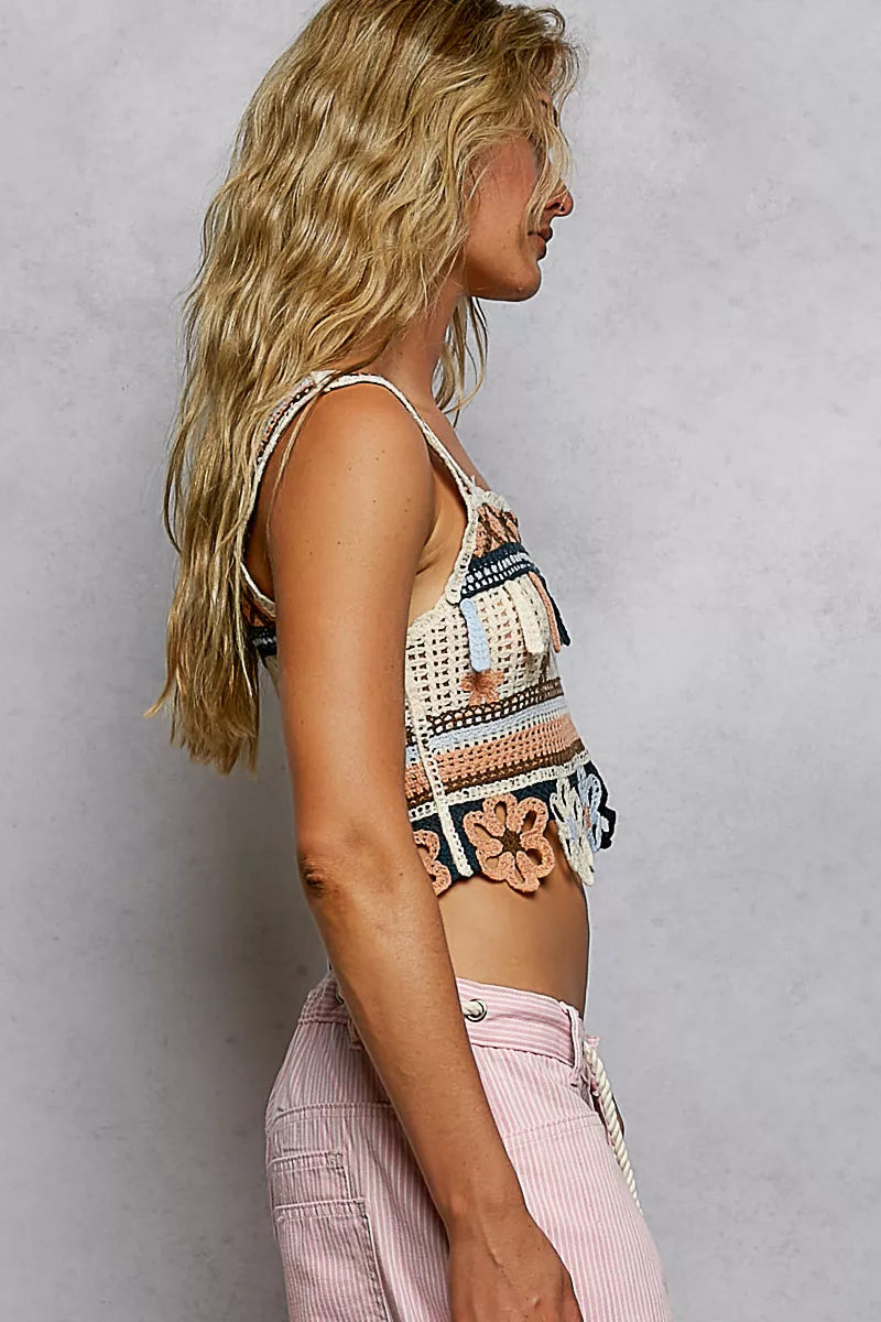 Cutout Flower Cropped Crochet Cami with with Dangle Detail detail — Livostyle